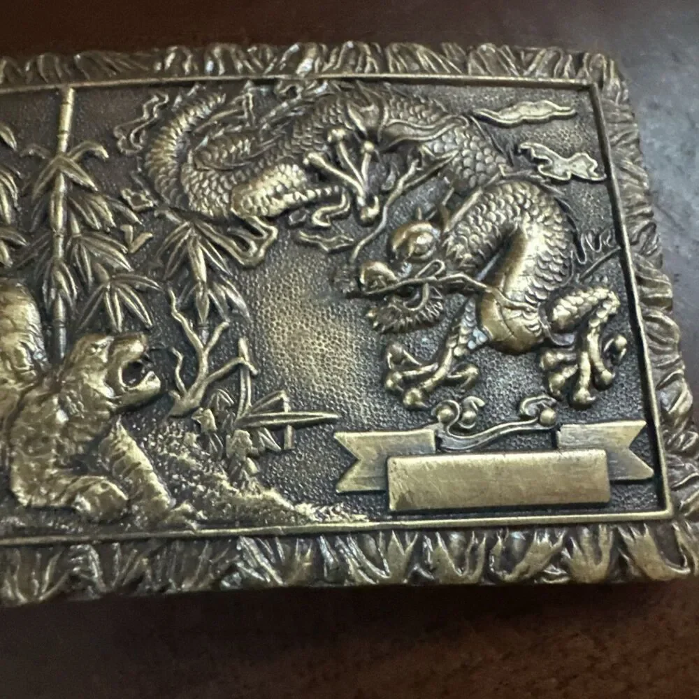 VTG Brass Tiger Dragon Belt Buckle 3X2 in Asian Chinese Fantasy Statement Biker